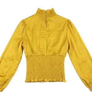 NEW Lyaner Shirred Frill Mock Neck Smocked Puff Long Sleeve Blouse Top Sz Small